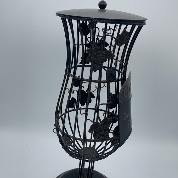 Wine glass shape black metal cork collection holder w/ leaves and grapes 13” - Picture 6 of 9